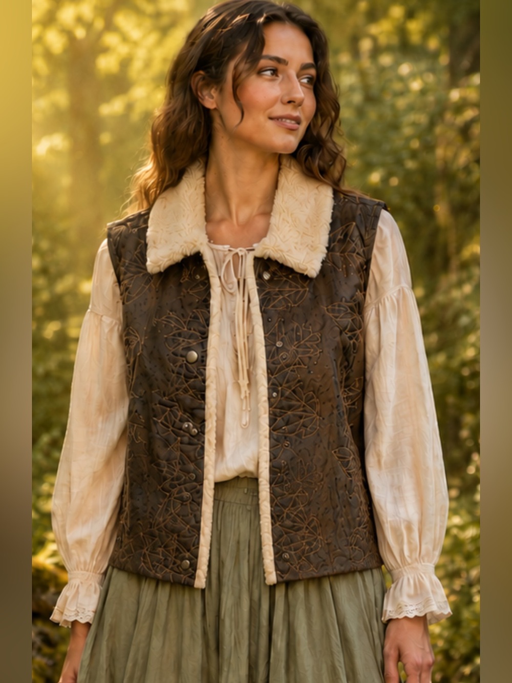 Women’s Winter Vest Faux Fur lined S Woolrich embossed leaf Brown Fairycore